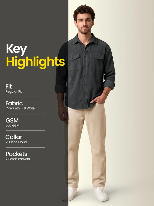 Grey Dual Pocket Textured Corduroy Shirt