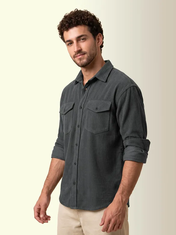 Grey Dual Pocket Textured Corduroy Shirt