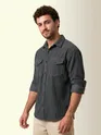 Grey Dual Pocket Textured Corduroy Shirt