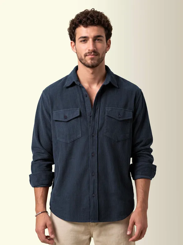 Navy Dual Pocket Textured Corduroy Shirt