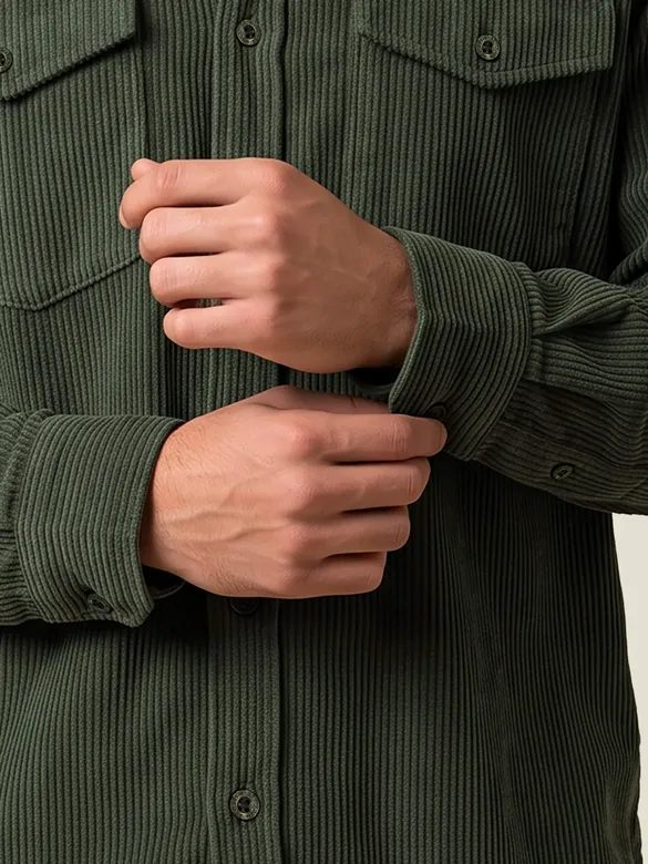 Olive Green Dual Pocket Textured Corduroy Shirt