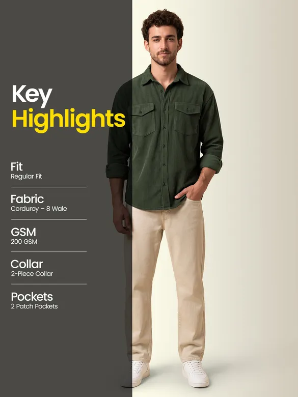 Olive Green Dual Pocket Textured Corduroy Shirt