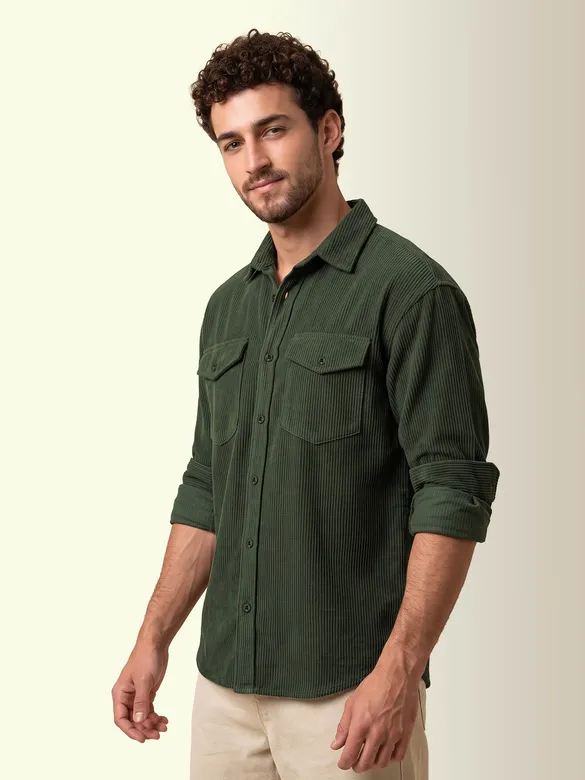 Olive Green Dual Pocket Textured Corduroy Shirt