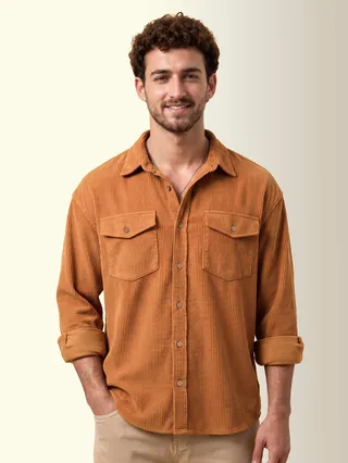 Rust Orange Dual Pocket Textured Corduroy Shirt