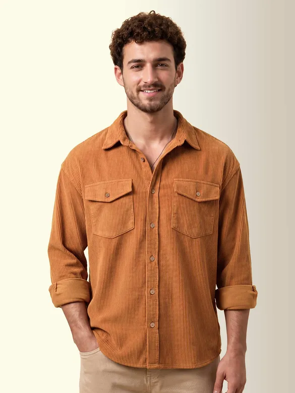 Rust Orange Dual Pocket Textured Corduroy Shirt