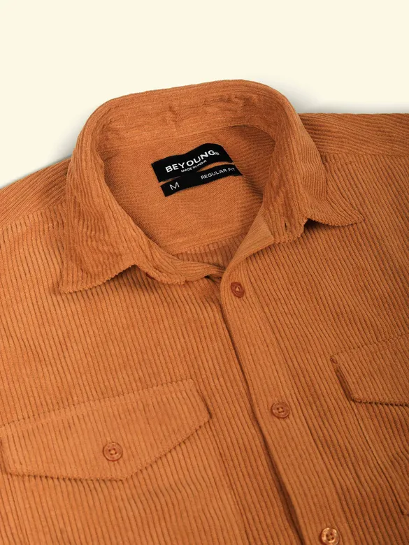 Rust Orange Dual Pocket Textured Corduroy Shirt