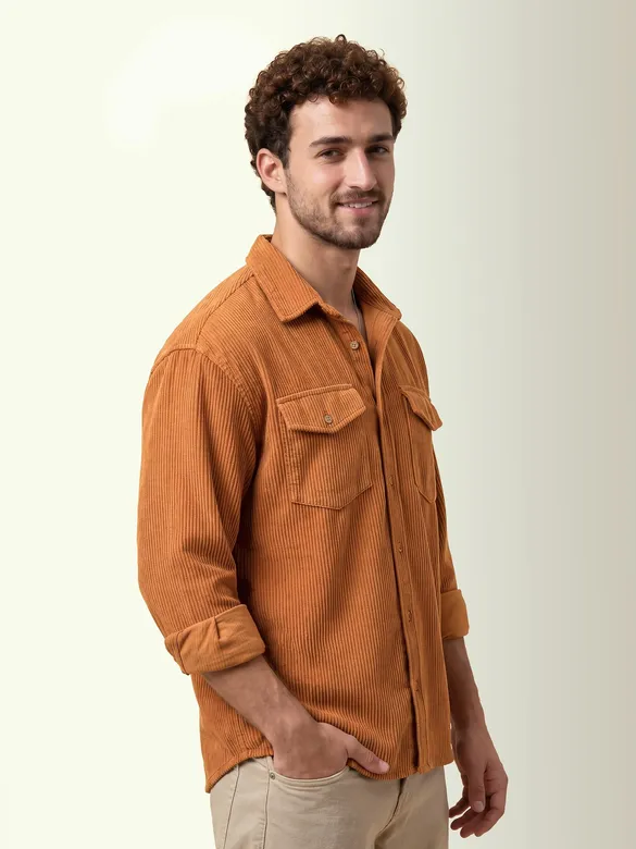 Rust Orange Dual Pocket Textured Corduroy Shirt