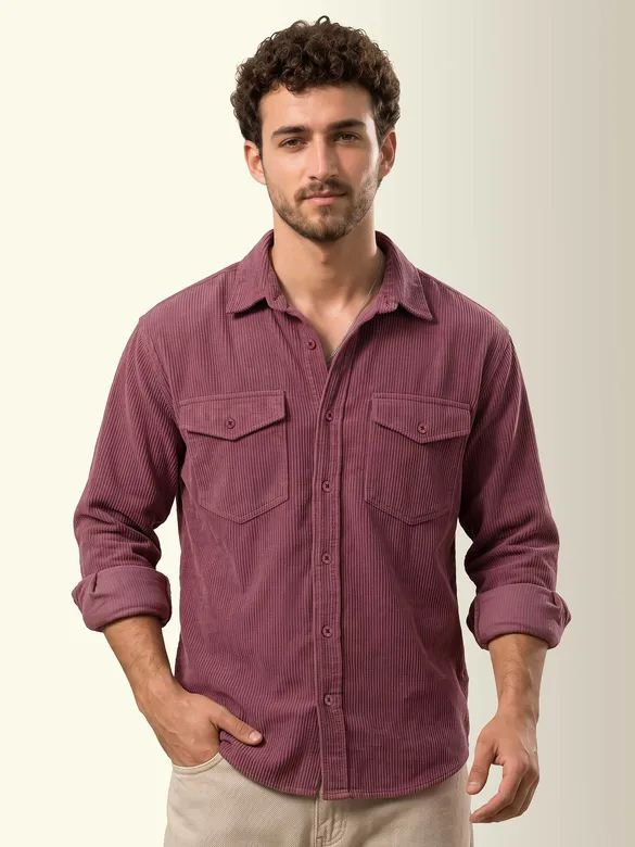 Dark Mauve Dual Pocket Textured Corduroy Shirt