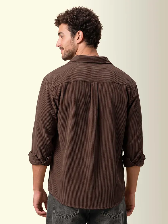 Tan Brown Dual Pocket Textured Corduroy Shirt