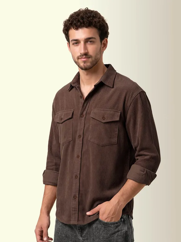 Tan Brown Dual Pocket Textured Corduroy Shirt