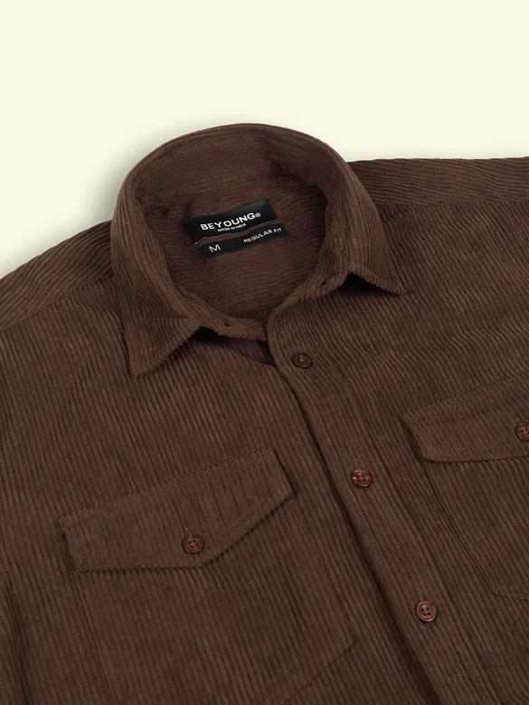 Tan Brown Dual Pocket Textured Corduroy Shirt