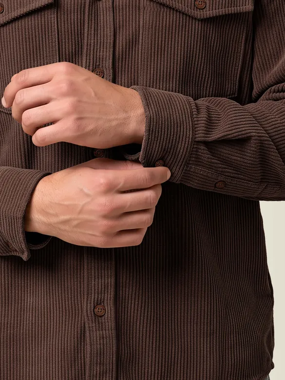 Tan Brown Dual Pocket Textured Corduroy Shirt