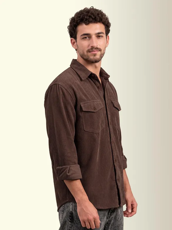 Tan Brown Dual Pocket Textured Corduroy Shirt