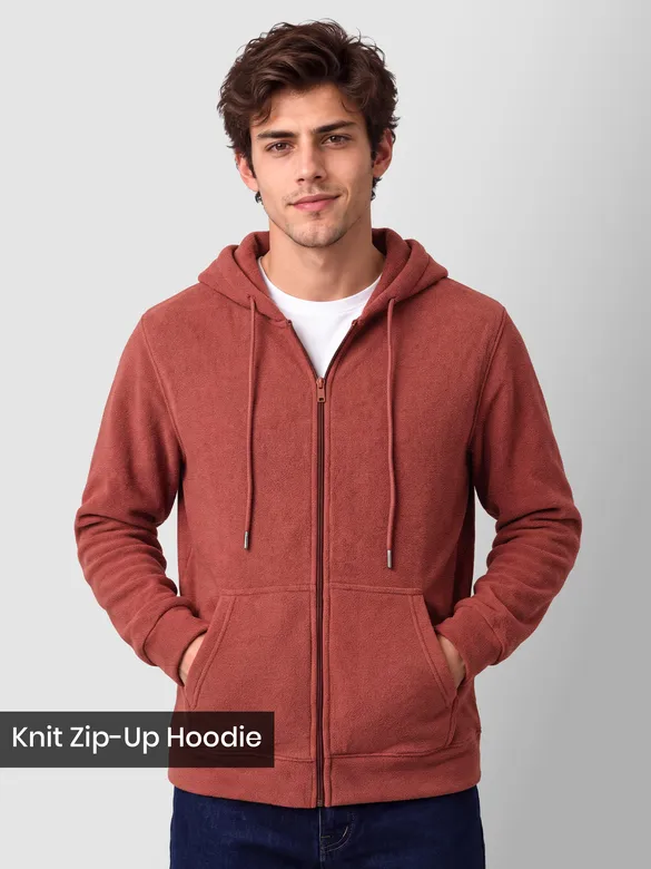 Brick Red Knit Zip-Up Hoodie