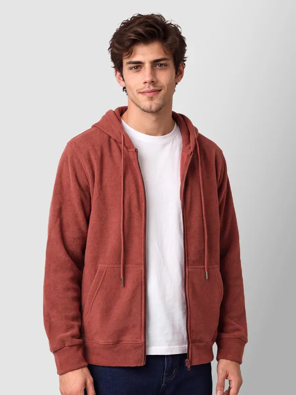 Brick Red Knit Zip-Up Hoodie