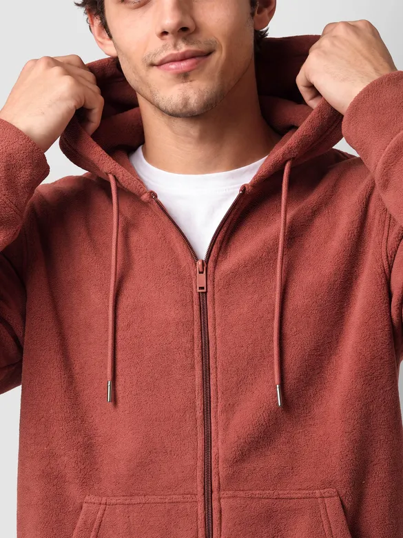 Brick Red Knit Zip-Up Hoodie