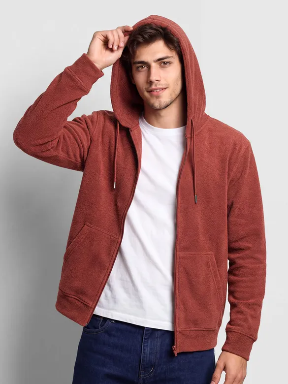 Brick Red Knit Zip-Up Hoodie