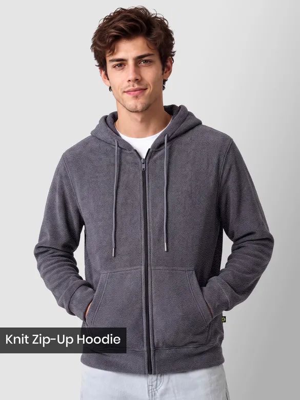 Charcoal Grey Knit Zip-Up Hoodie