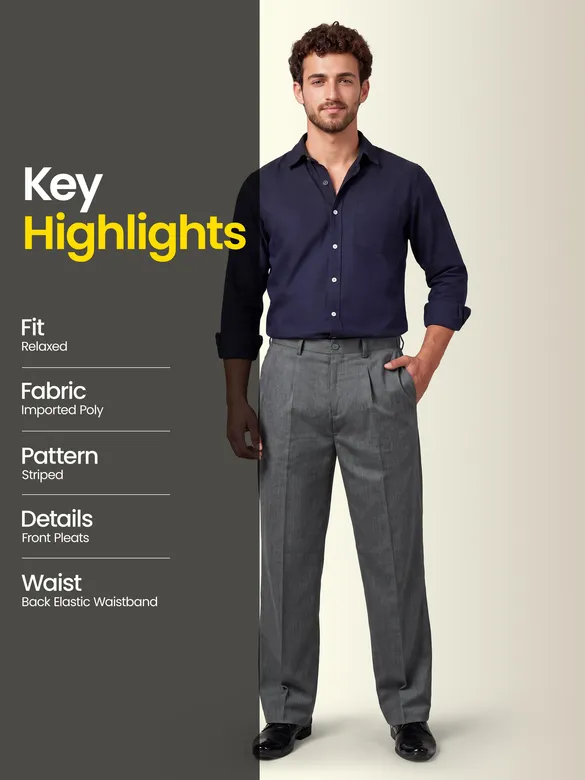 Steel Grey Striped Relaxed Fit Pants