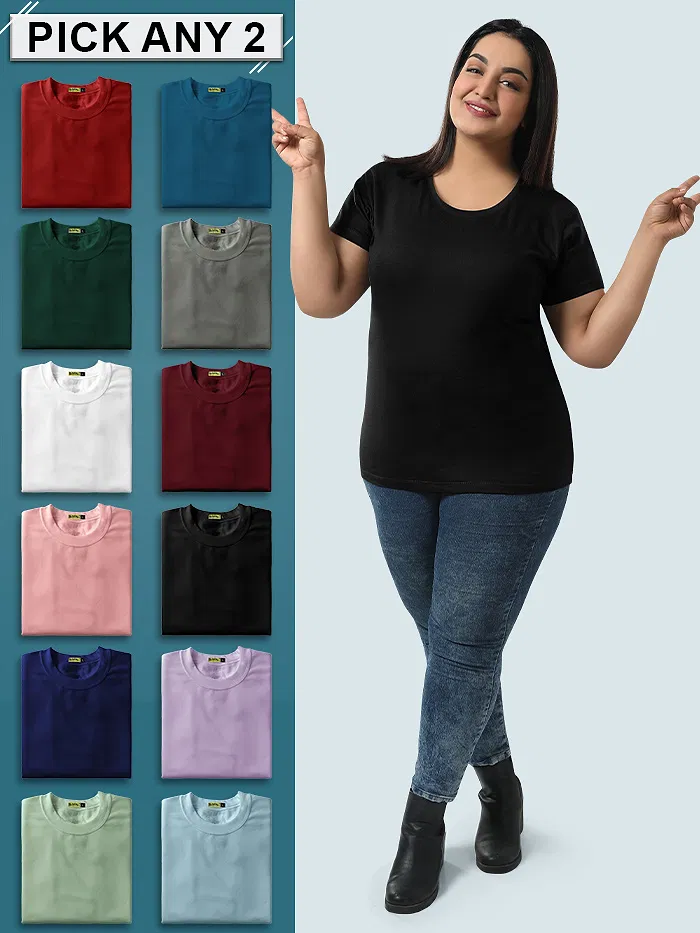 Pick Any 2- Womens Plain Plus Size T-shirt Combo, 