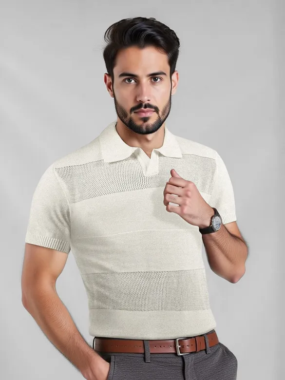 White Striped Flat Knit Polo T-Shirt