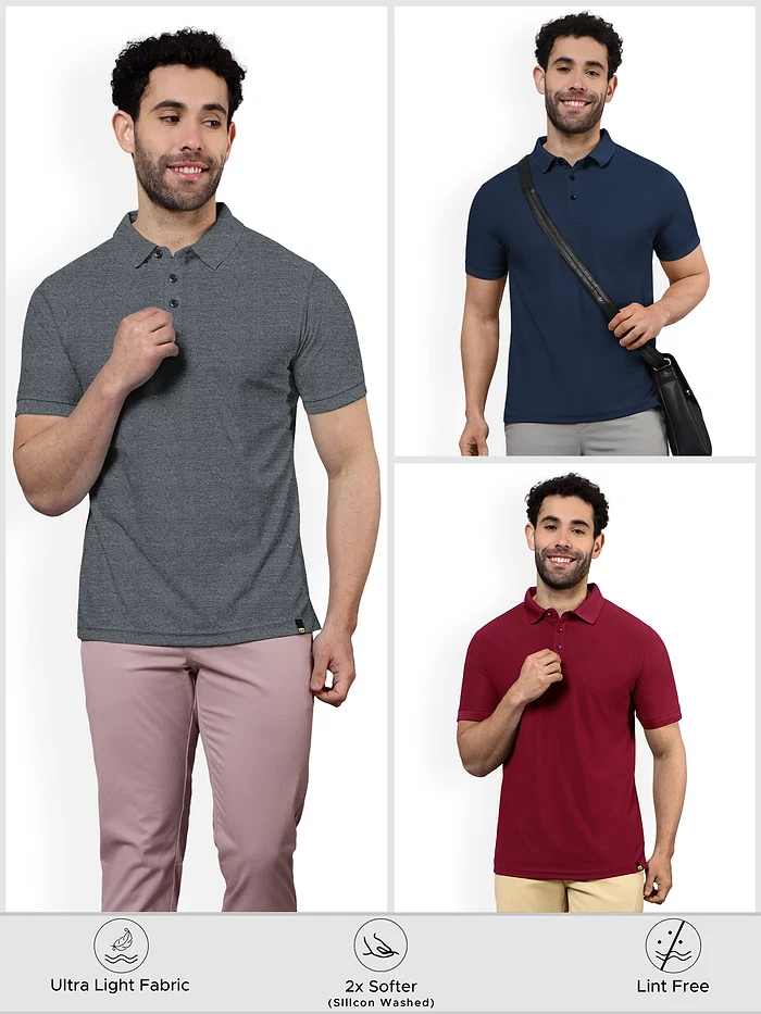 Pack of 3-Polo T-shirts Combo Navy Blue,French Wine,Melange Charcoal