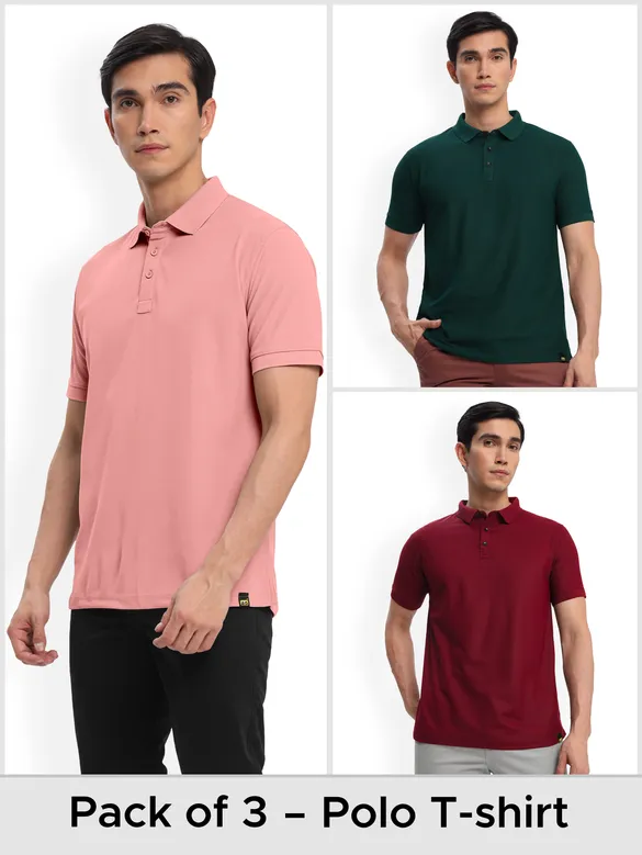 Pack of 3-Polo T-shirts Combo French Wine,Lush Green,Rose Pink