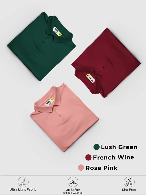 Pack of 3-Polo T-shirts Combo French Wine,Lush Green,Rose Pink