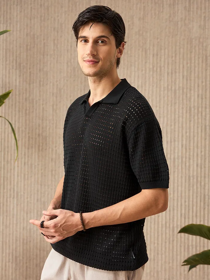 Black Flat Knit Men?s Polo T-Shirt