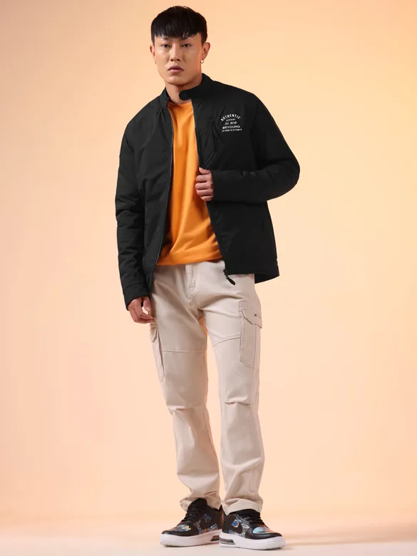 Black Zipper Puffer Jacket for Men