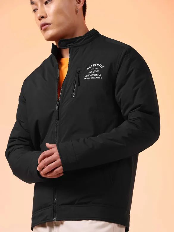 Black Zipper Puffer Jacket for Men