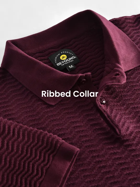 French Wine Wave Textured Flat Knit Polo T-Shirt