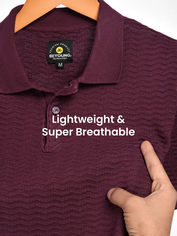 French Wine Wave Textured Flat Knit Polo T-Shirt