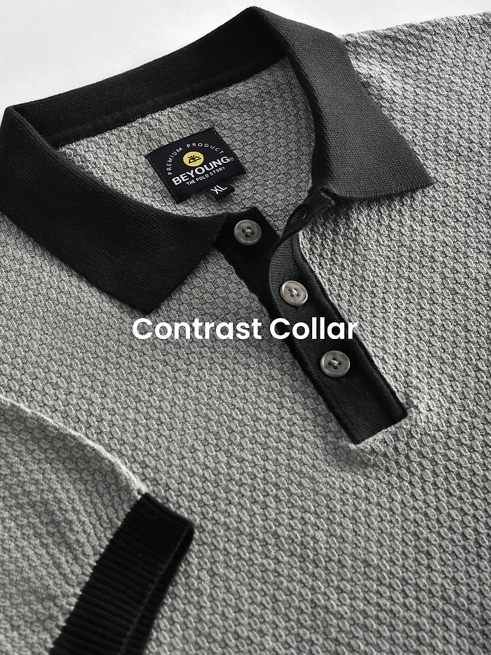 Light Grey Contrast Collar Flat Knit Polo T-Shirt