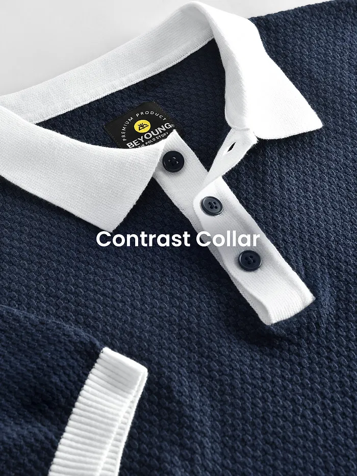 Navy Blue Contrast Collar Flat Knit Polo T-Shirt
