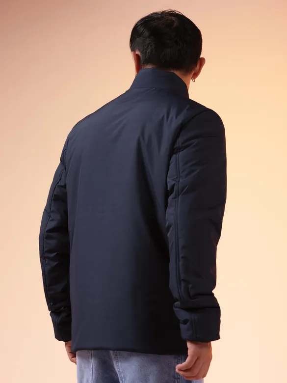 Navy Blue Stand Collar Puffer Jacket for Men