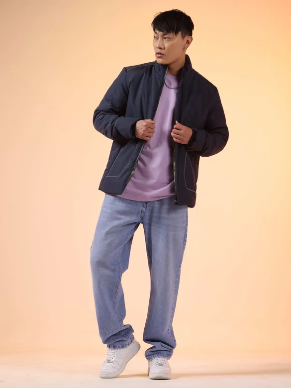 Navy Blue Stand Collar Puffer Jacket for Men
