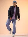 Navy Blue Stand Collar Puffer Jacket for Men