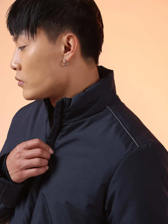 Navy Blue Stand Collar Puffer Jacket for Men