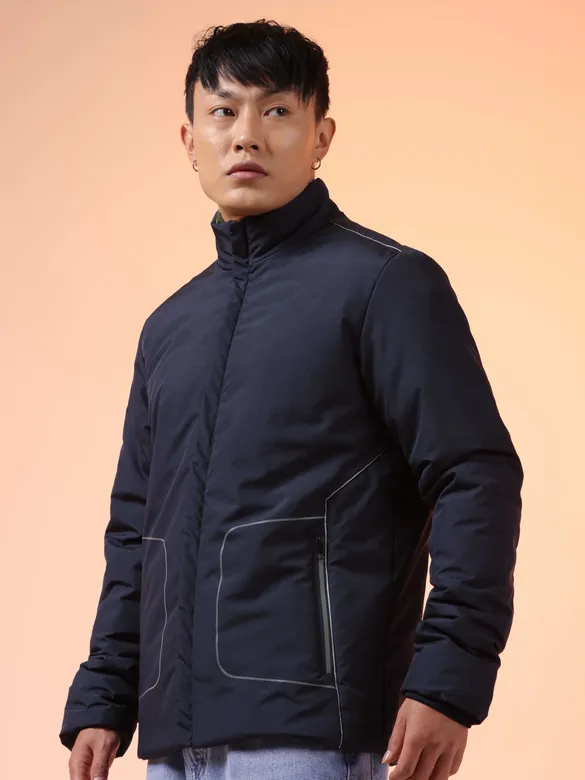 Navy Blue Stand Collar Puffer Jacket for Men