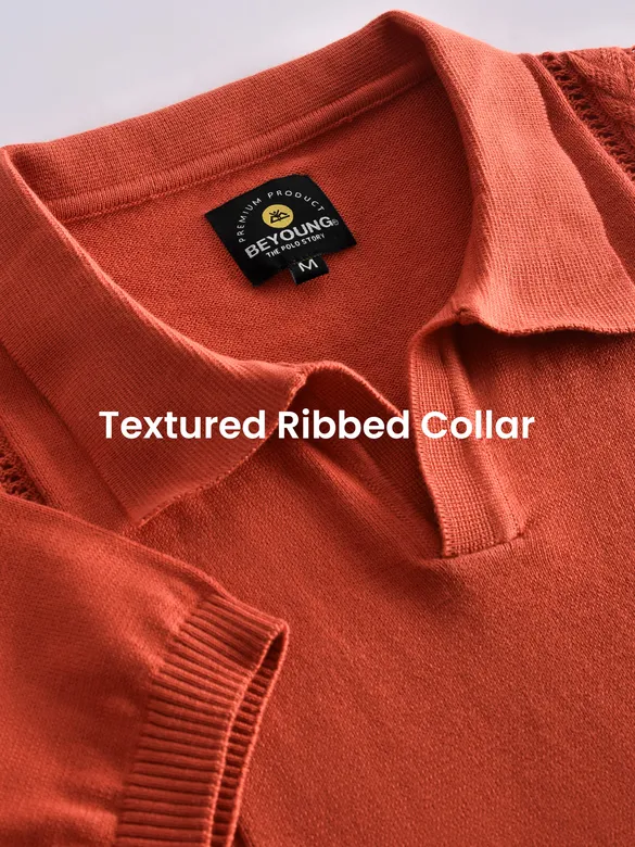 Orange Cord Striped Flat Knit Polo T-Shirt