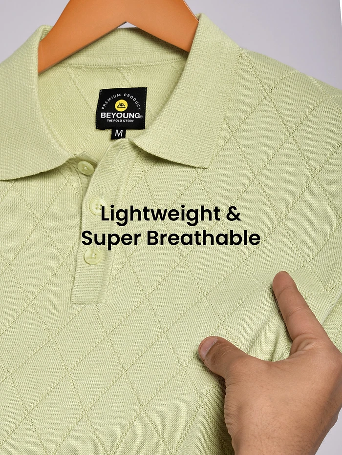 Pale Green Diamond Textured Flat Knit Polo T-Shirt