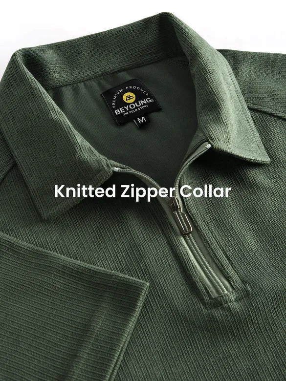 Pale Olive Raglan Sleeve Zipper Polo T-Shirt