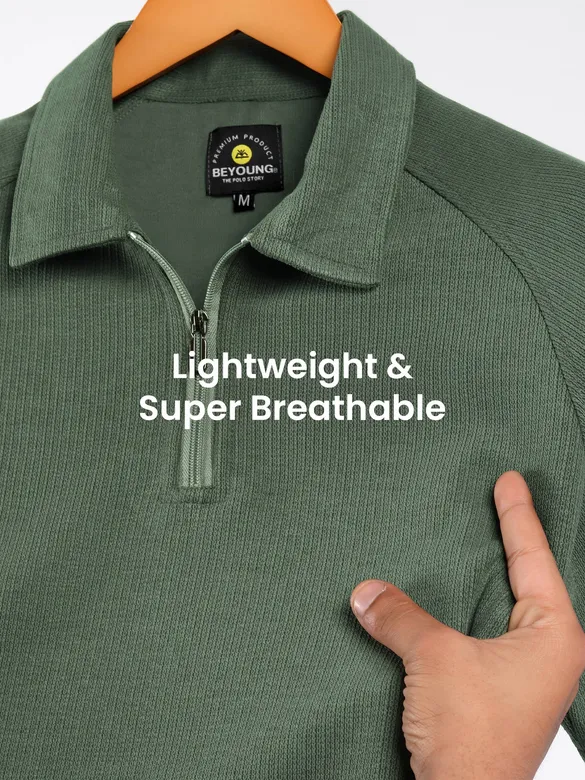 Pale Olive Raglan Sleeve Zipper Polo T-Shirt