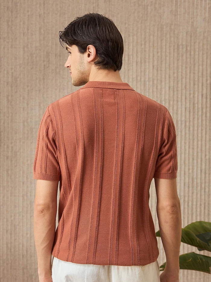 Rust Brown Flat Knit Solid Polo T-Shirt For Men