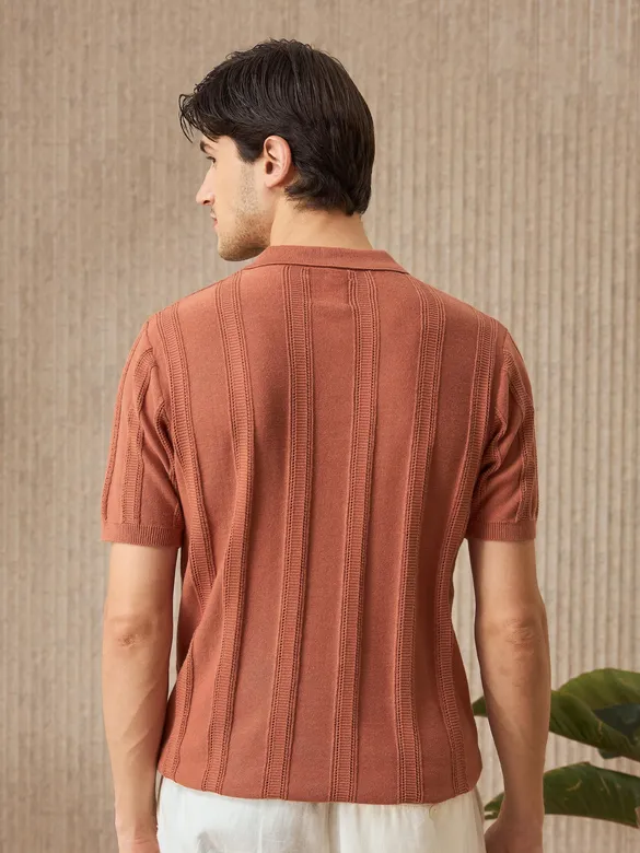 Rust Brown Flat Knit Solid Polo T-Shirt For Men