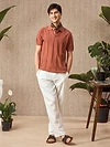 Rust Brown Flat Knit Solid Polo T-Shirt For Men