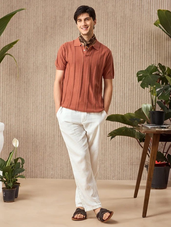 Rust Brown Flat Knit Solid Polo T-Shirt For Men