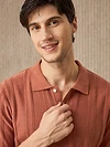 Rust Brown Flat Knit Solid Polo T-Shirt For Men