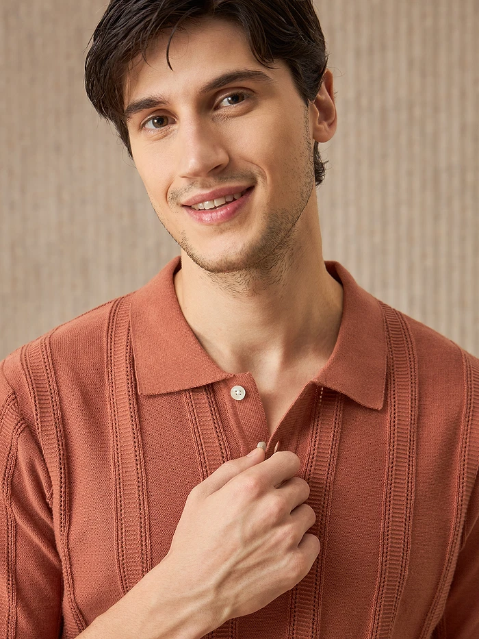 Rust Brown Flat Knit Solid Polo T-Shirt For Men